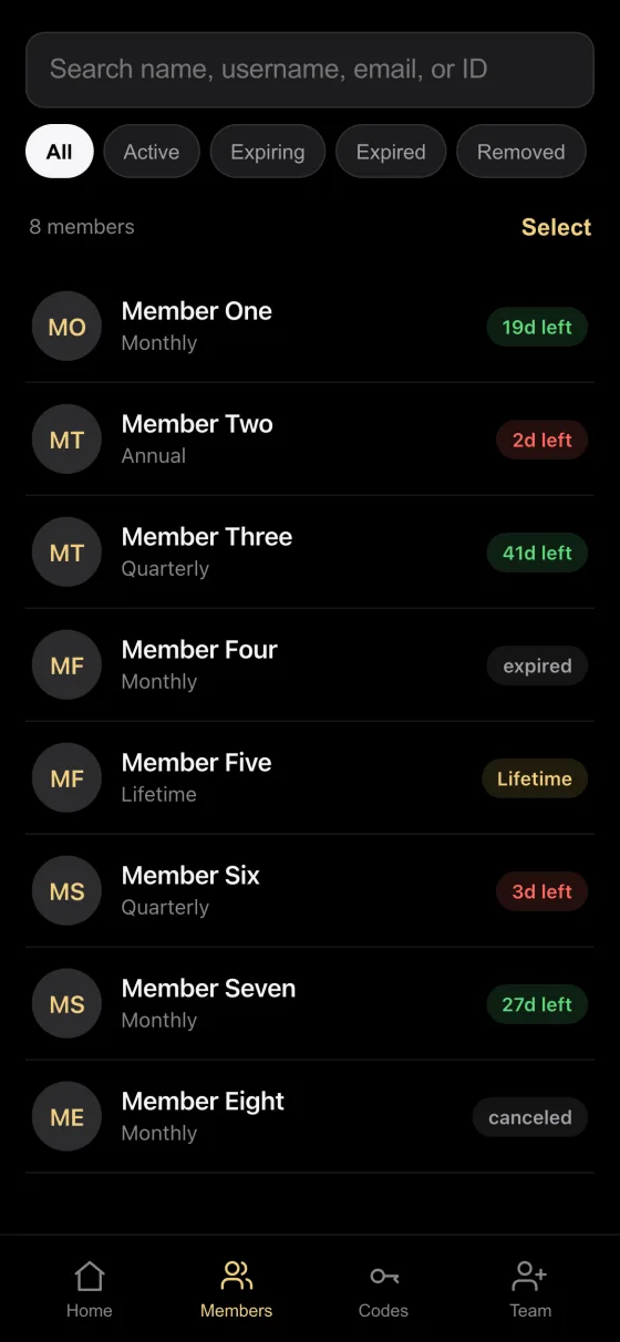 The Members list in the KickThemBot Mini App, with sample members, their plans and the days of access they have left